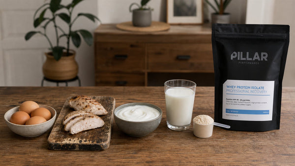 Eggs, chicken, Greek yoghurt, milk and Pillar whey isolate arranged as a day of protein