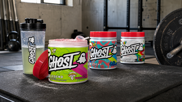 Range of Ghost Legend V4 pre-workout tubs in different flavours
