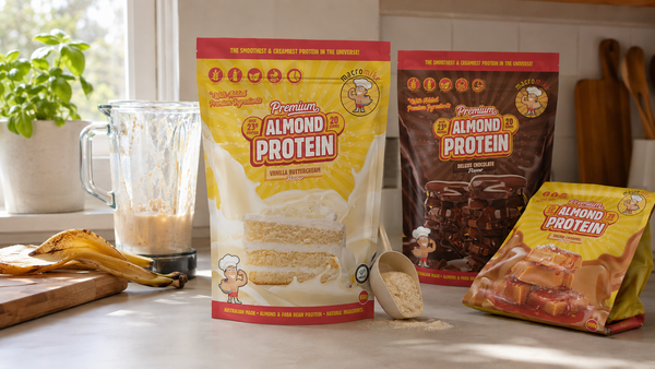 Range of Macro Mike almond protein tubs in different flavours