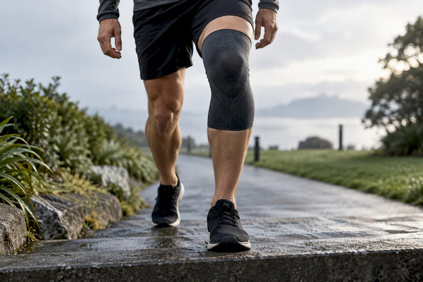 Adult ascending stairs with knee in focus