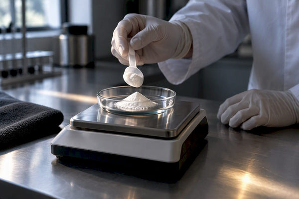 Measured glutamine powder in clinical workspace
