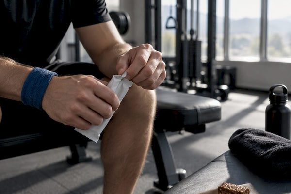 Hands preparing a protein bar before training