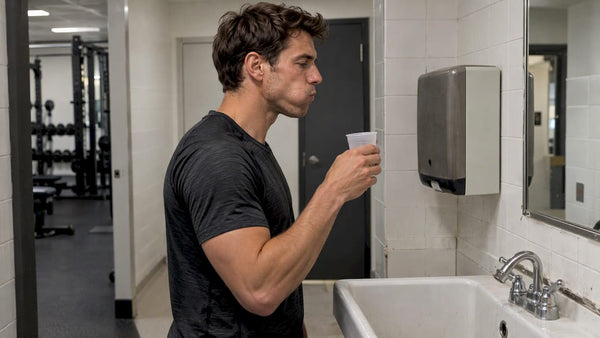 Athlete swishing a carbohydrate rinse at training
