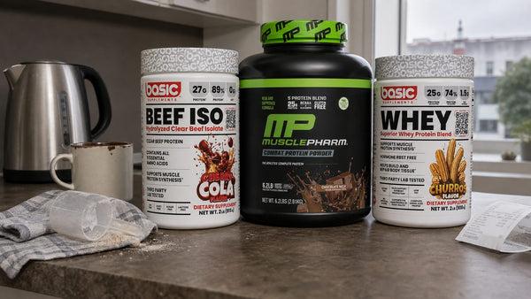 Cheapest Protein Powder NZ - Basic Supplements Beef Isolate - Cherry Cola, MusclePharm Combat 100% Whey - Chocolate, Basic Supplements Whey - Churros