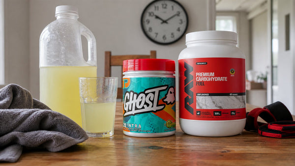 Ghost Intra and RAW Intra beside a jug of sports drink, towel, wrist wraps and home wall clock