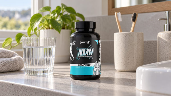 Nexus NMN 60 serve capsule bottle on a plain benchtop