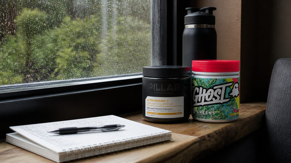 Pillar Ultra Immune C and Ghost Greens tubs beside a training diary and water bottle on a bench by a rainy window