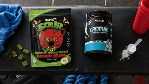 Creatine gummies and creatine powder compared side by side at a 5g labelled serve