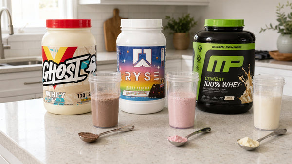Ghost, RYSE and MusclePharm protein powders with three shakes in a home kitchen taste test