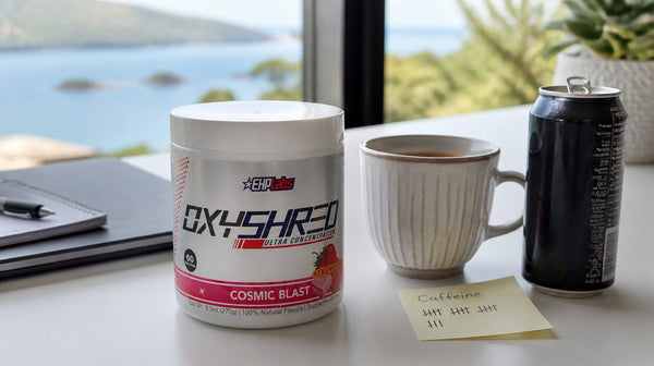 OxyShred tub next to a coffee cup and an energy drink can on a desk with a caffeine tally on a sticky note