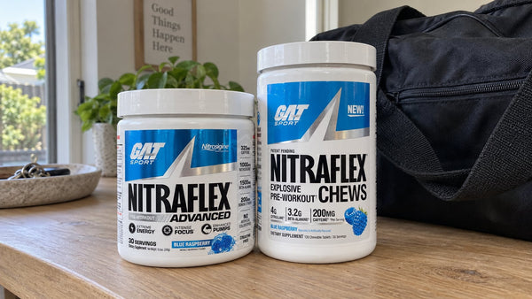 GAT Nitraflex Advanced powder and Blue Raspberry Nitraflex Chews containers side by side
