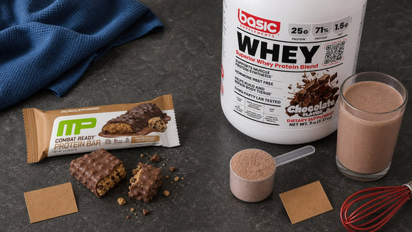 Protein bar and whey protein shake compared side by side for cost and convenience