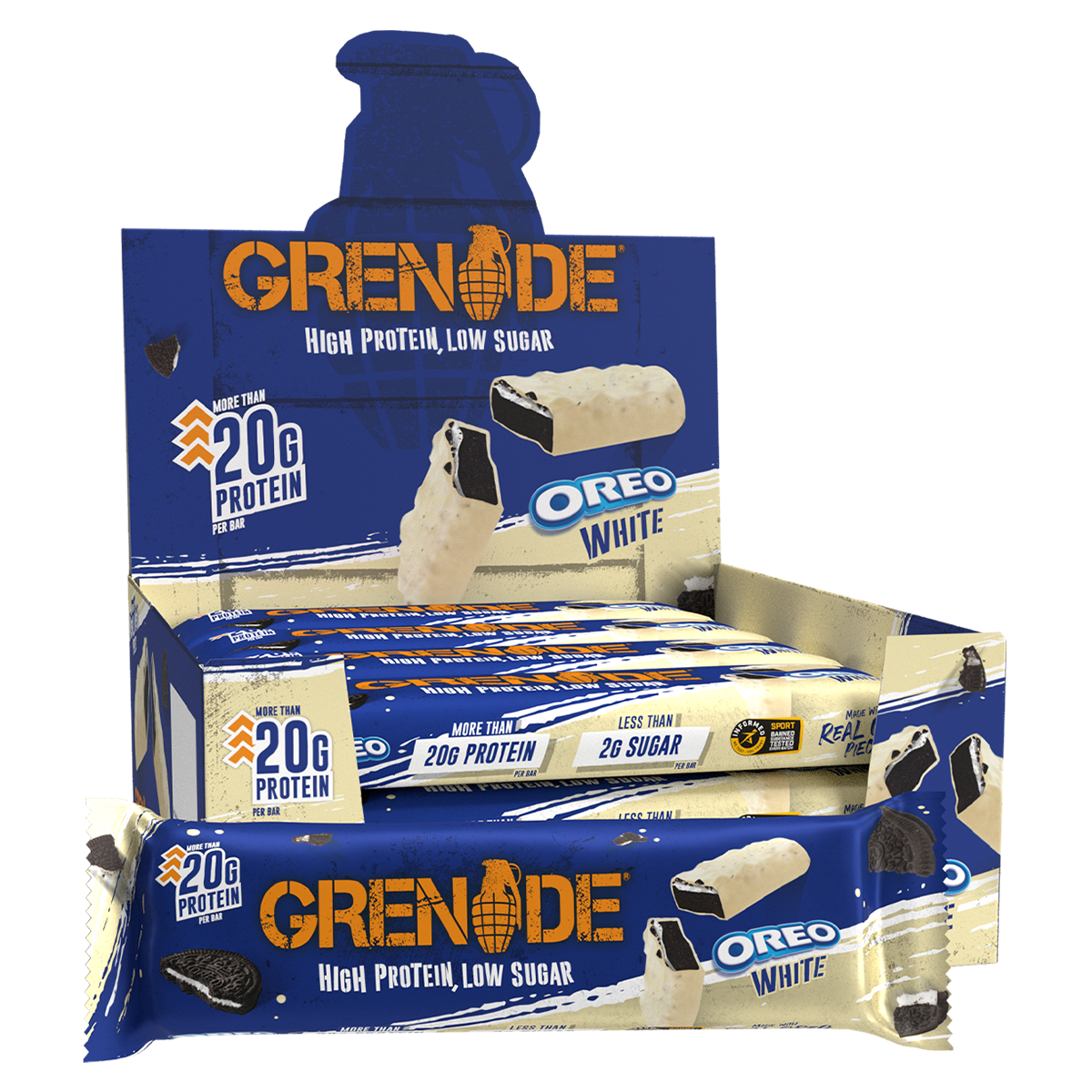 Grenade Protein Bar, Oreo White — left of pack