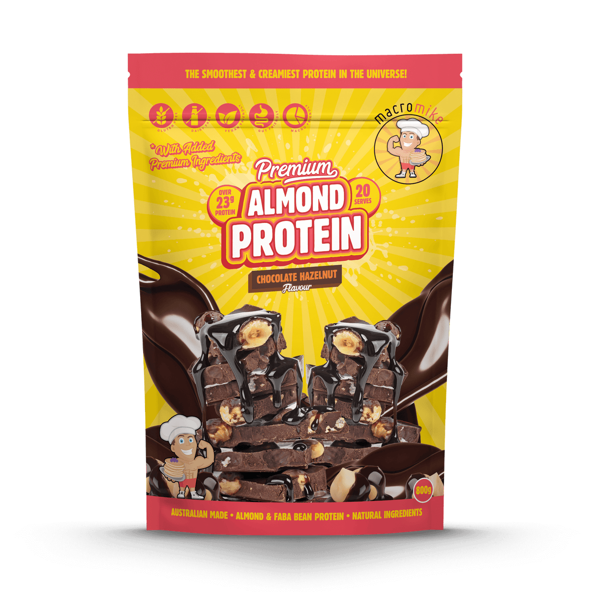 Macro Mike Premium Almond Protein Chocolate Hazelnut 800g front