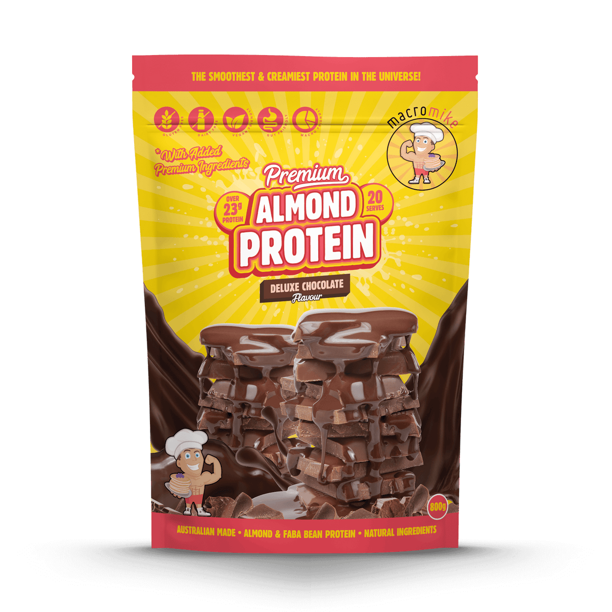 Macro Mike Premium Almond Protein Deluxe Chocolate 800g front