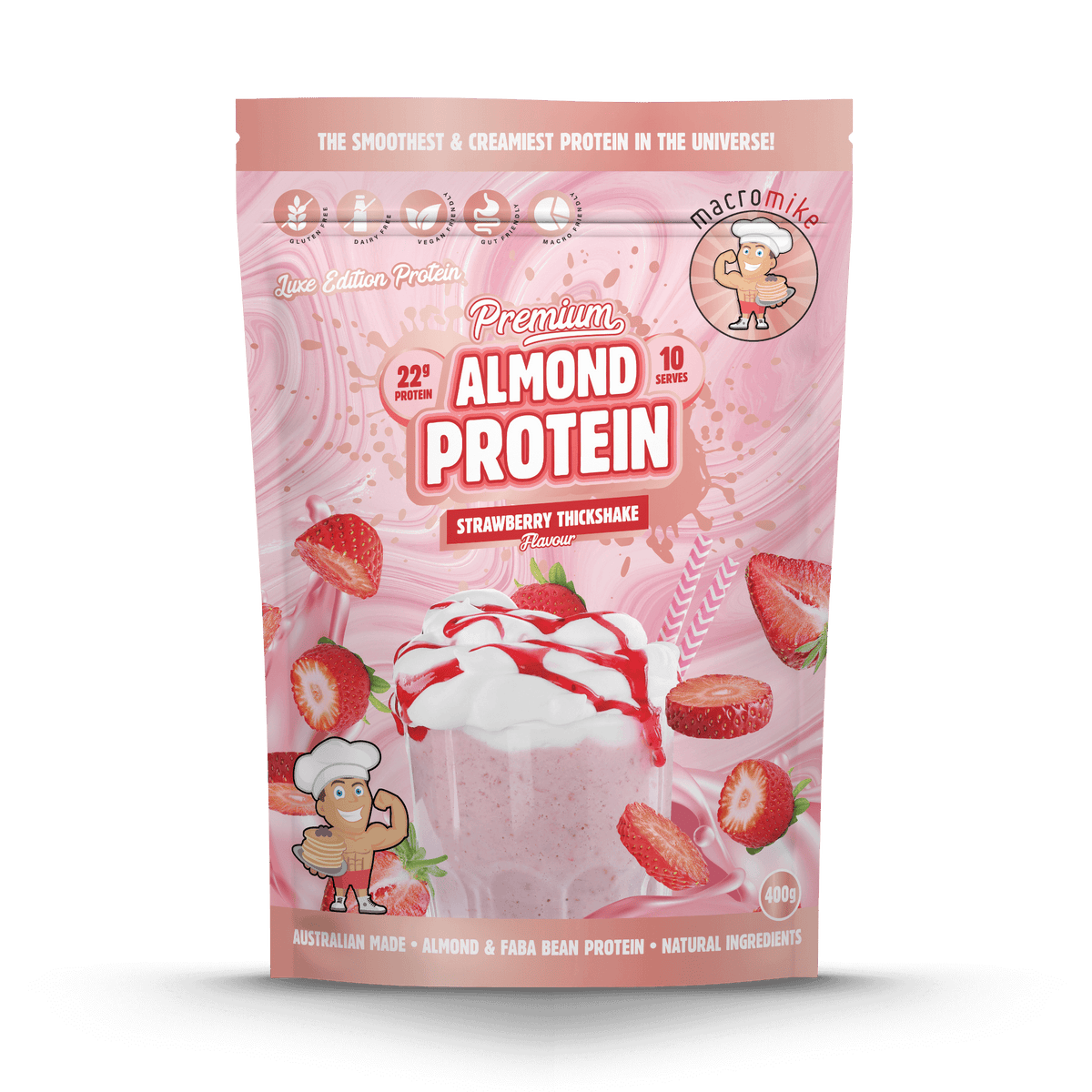 Macro Mike Luxe Almond Protein Strawberry Thickshake 400g front