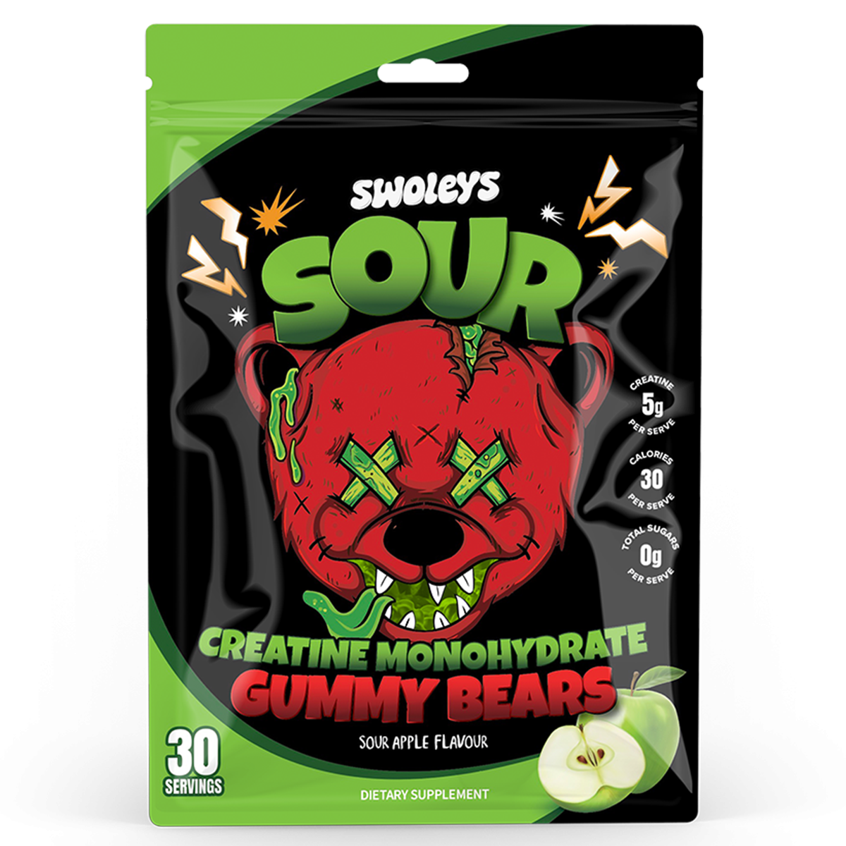 Swoleys Sour Creatine Gummy Bears, Green Apple