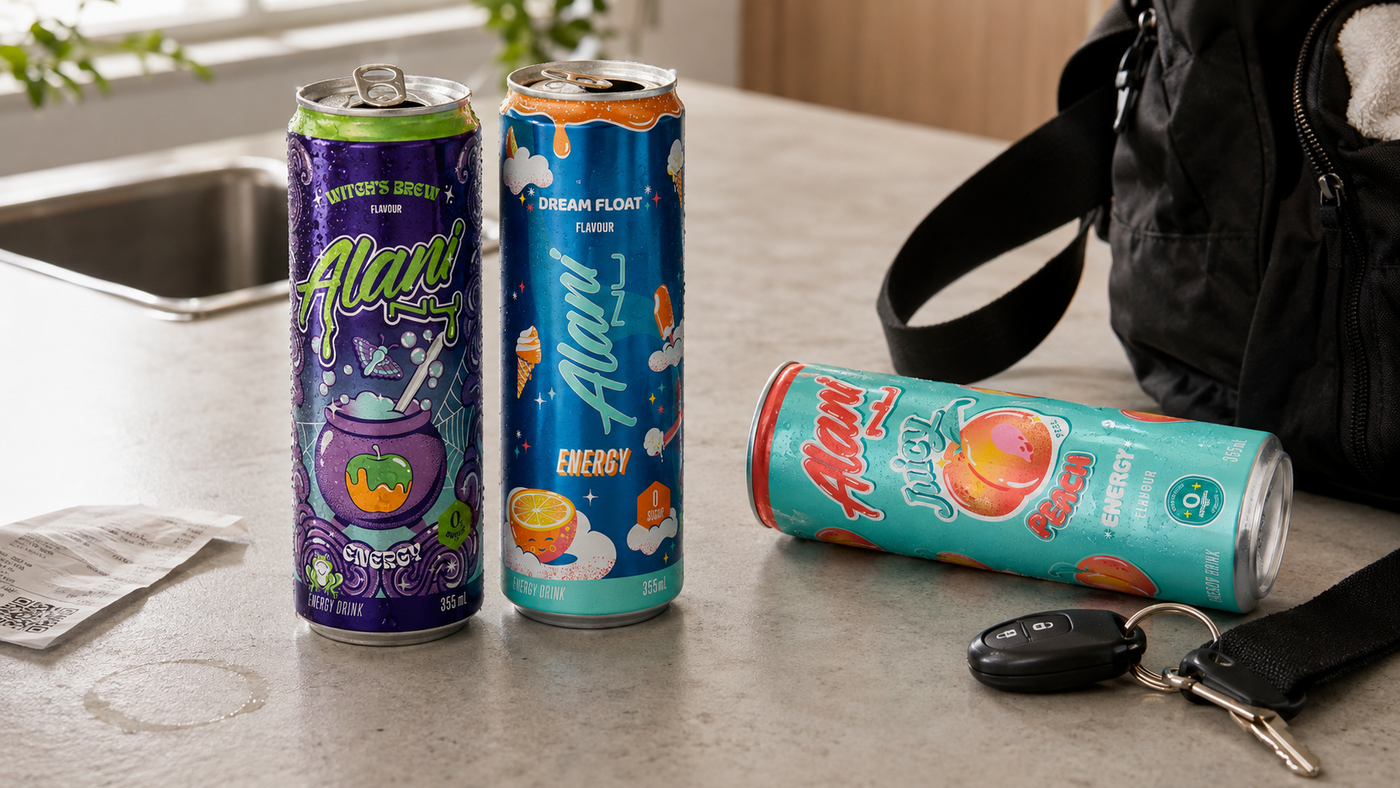 Range of Alani Nu Energy cans in different flavours