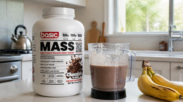 Chocolate mass gainer shake in a blender jug beside a Basic Supplements Mass Gainer tub and a bunch of bananas