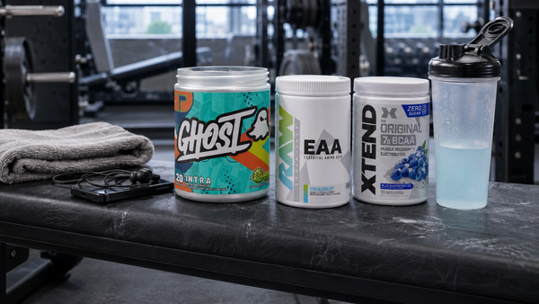 Intra-workout supplements including Ghost Intra, Raw Nutrition EAA and EHPlabs Beyond BCAA plus EAA