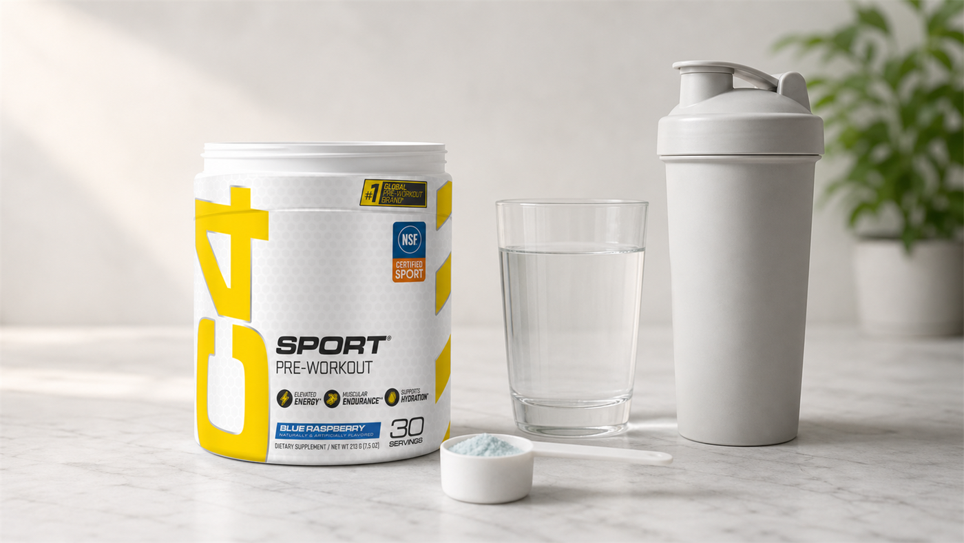 Open Cellucor C4 Sport tub with a partial scoop of blue raspberry pre-workout, water and a shaker for a first-time user