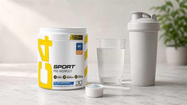 Open Cellucor C4 Sport tub with a partial scoop of blue raspberry pre-workout, water and a shaker for a first-time user