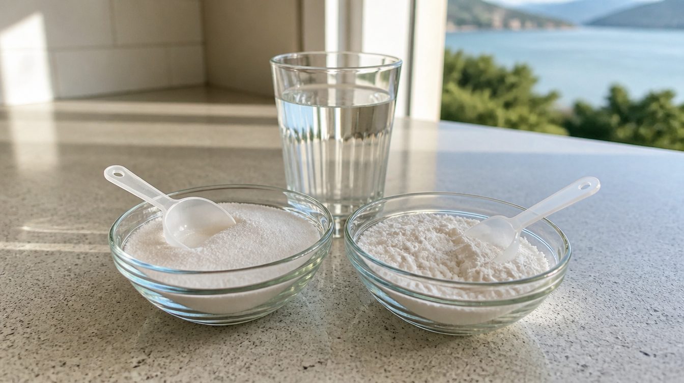 Two bowls of white carbohydrate powder beside a GAT Sport Essential Cyclic Dextrin tub on a clean bench in daylight
