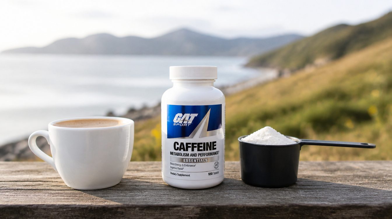 A bottle of caffeine tablets beside a flat white and a scoop of pre-workout powder on a gym bench