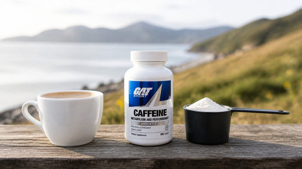 A bottle of caffeine tablets beside a flat white and a scoop of pre-workout powder on a gym bench