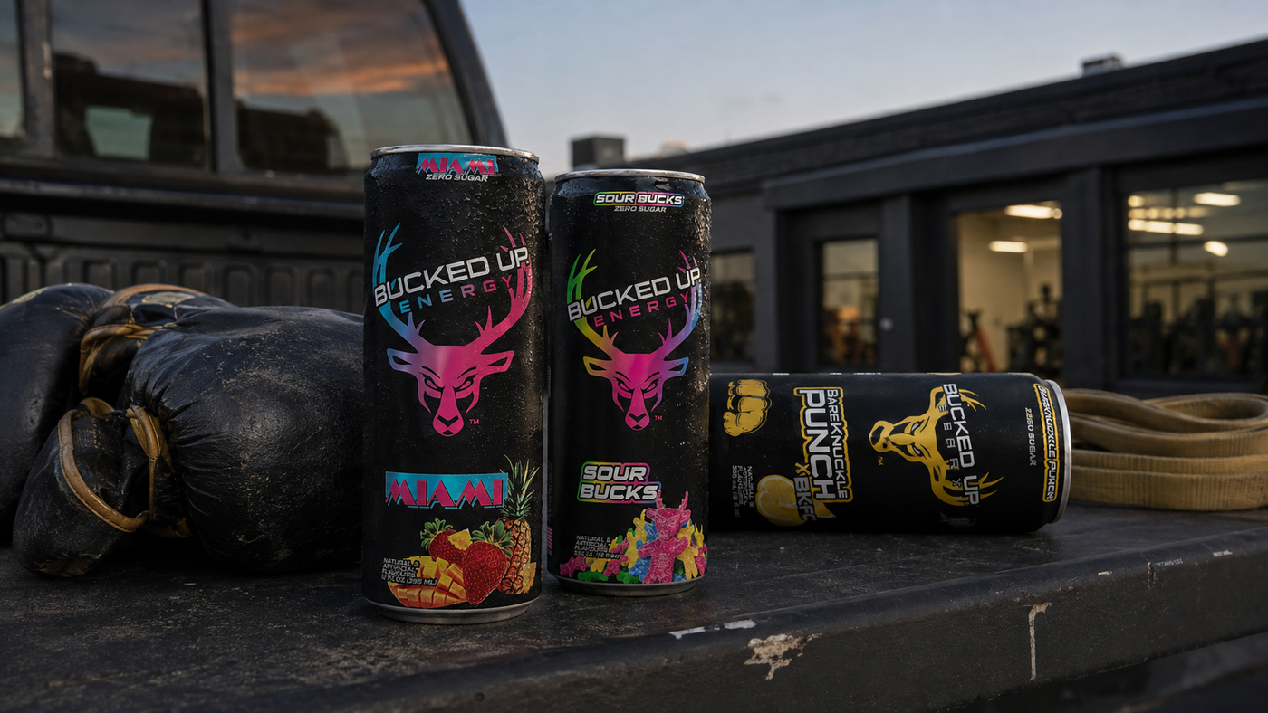 Range of Bucked Up Energy cans in different flavours