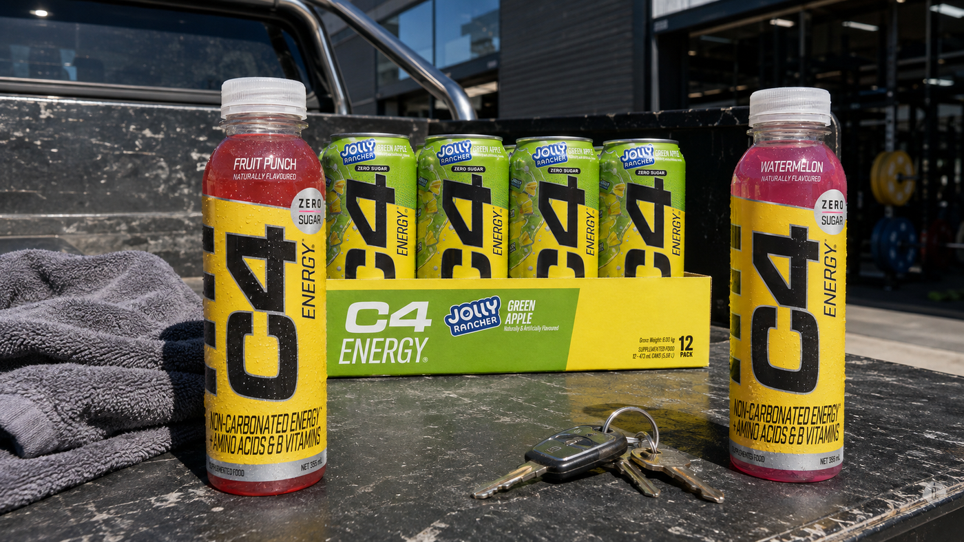 Range of C4 Carbonated energy drink cans in different flavours