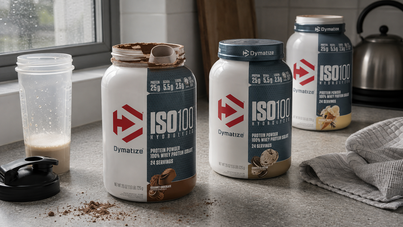 Range of Dymatize ISO100 whey isolate tubs in different flavours