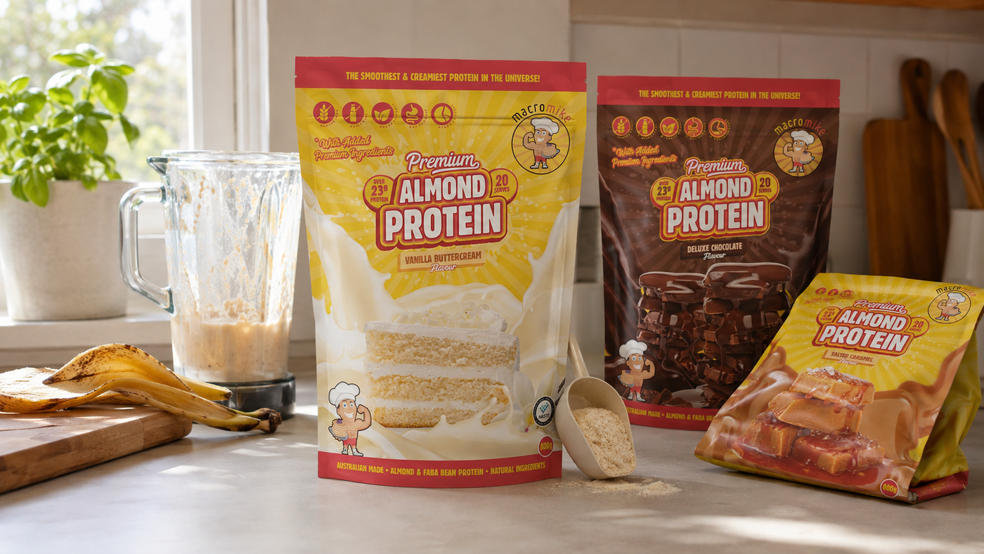 Range of Macro Mike almond protein tubs in different flavours