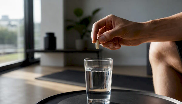 Athlete holding probiotic capsule and glass of water