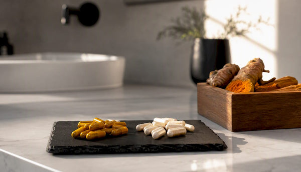 Turmeric and glucosamine capsules on tray