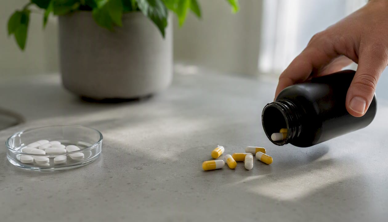 Vitamin K2 and D3 supplement capsules on light surface