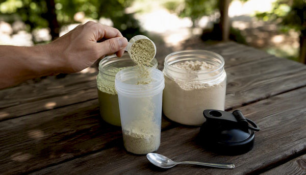Scooping pea and soy protein powders