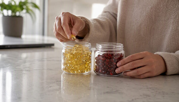 Hand picking fish oil and krill oil capsules