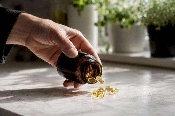 Hand pouring vitamin D capsules onto surface