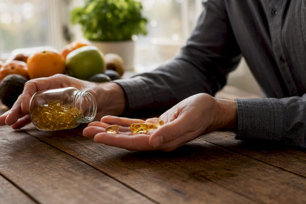 Hands pouring omega-3 capsules on countertop