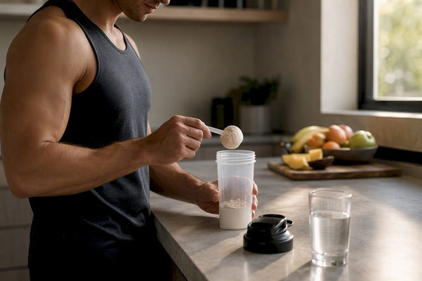 Hand scooping protein powder into shaker bottle