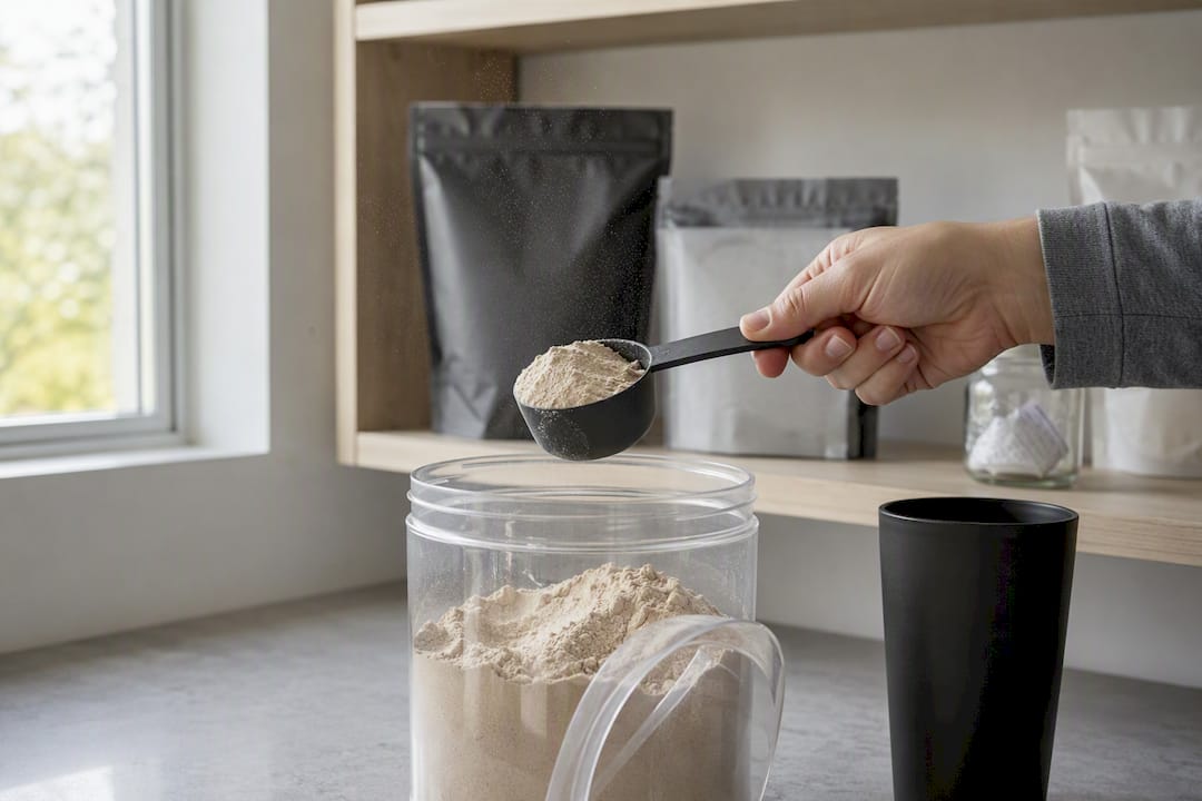 Hand scooping protein powder from container