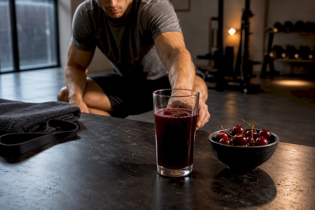 Tart cherry juice beside cherries after training