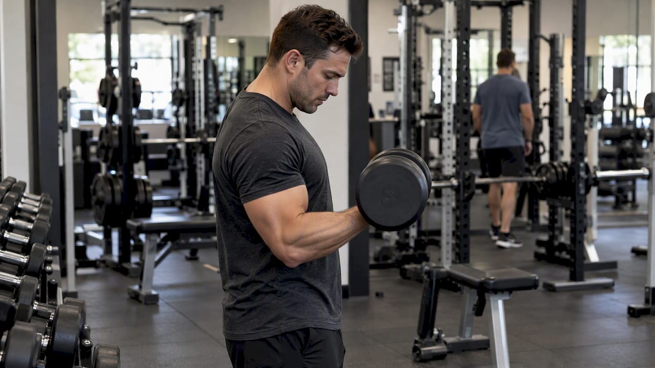 Bodybuilder curls a dumbbell during training