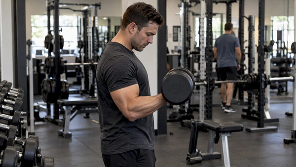 Bodybuilder curls a dumbbell during training
