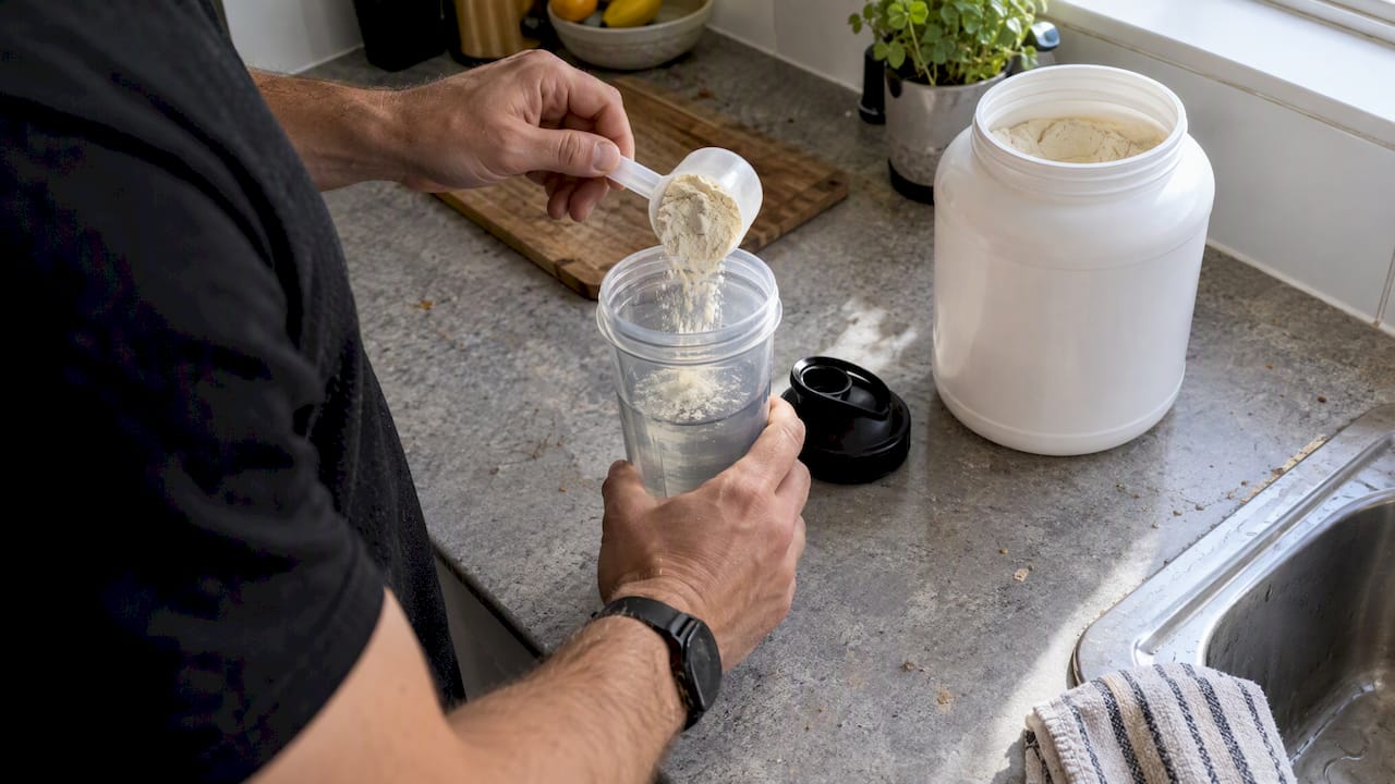 Whey powder being added to a shaker