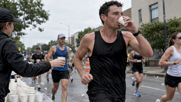 Runner drinking at a race aid station