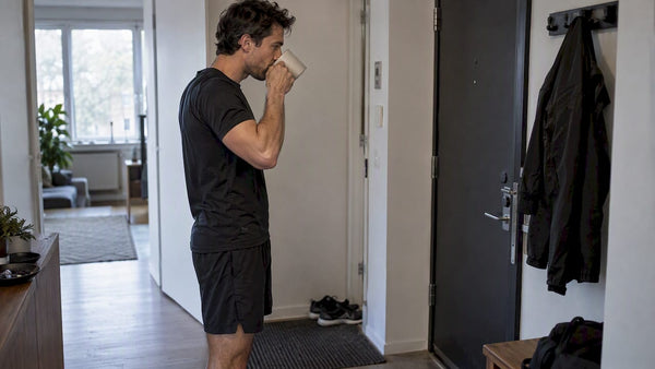 Athlete drinks coffee before leaving to train