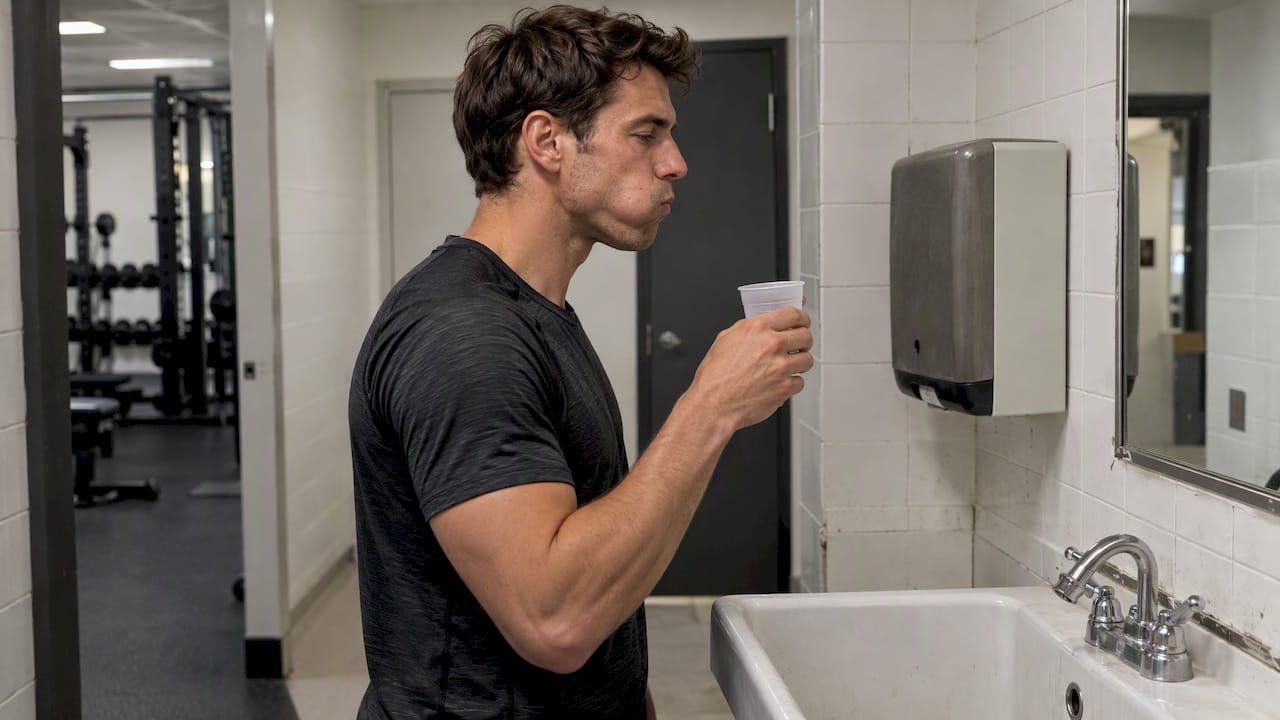 Athlete swishing a carbohydrate rinse at training