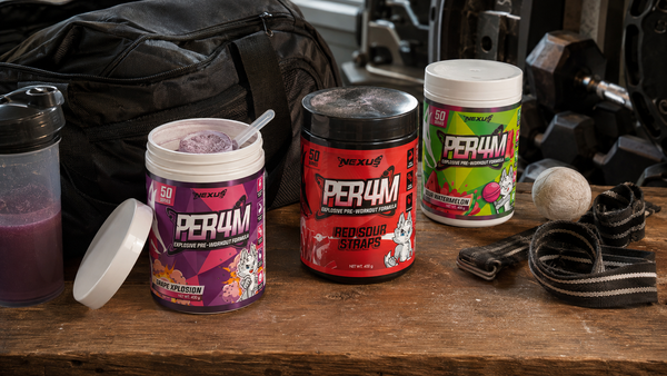 Range of Nexus PER4M pre-workout tubs in different flavours